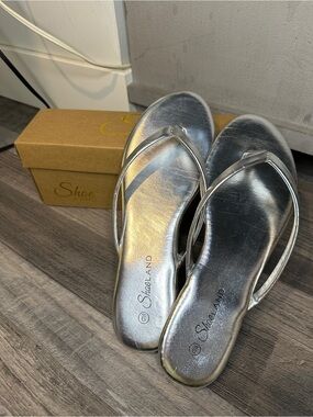 Silver Metallic Flip Flops Foam Padded Sandals for Women Size 9 Shoe Land